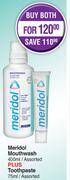 Dis-Chem Meridol mouthwash 400ml assorted plus toothpaste 45ml assorted-for both offer