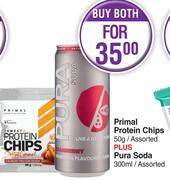 Dis-Chem Primal protein chips assorted 50g plus pura soda assorted 300ml-for both offer