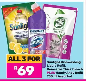 Game Sunlight Dishwashing Liquid Refill, Domestos Thick Bleach PLUS Handy Andy Refill 750 ml Assorted offer