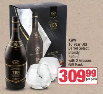 Spar Tops KWV 10 Year Old Barrel Select Brandy 750ml with 2 Glasses Gift Pack offer