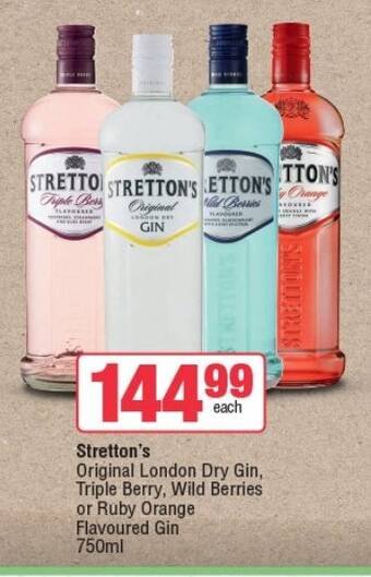 Spar Tops Stretton's Original London Dry Gin, Triple Berry, Wild Berries or Ruby Orange Flavoured Gin 750ml offer