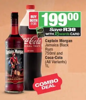 Spar Tops Captain Morgan Jamaica Black Rum 750ml and Coca-Cola (All Variants) L offer