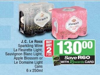 Spar Tops J.C. Le Roux Sparkling Wine La Fleurette Light, Sauvignon Blanc Light, Apple Blossom or Le Domaine Light Cans 6 x 250ml offer