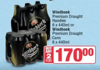 Spar Tops Windhoek Premium Draught Handies 6 x 440ml or Windhoek Premium Draught Cans 6 x 440ml offer