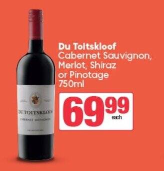 Spar Tops Du Toitskloof Cabernet Sauvignon, Merlot, Shiraz or Pinotage 750ml offer