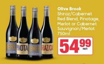 Spar Tops Olive Brook Shiraz/Cabernet Red Blend, Pinotage, Merlot or Cabernet Sauvignon/Merlot 750ml offer