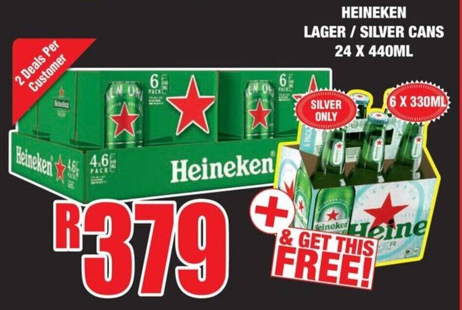 HEINEKEN LAGER / SILVER CANS 24 X 440ML offer at Boxer Liquors
