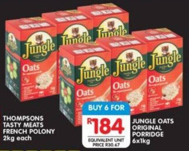 JUNGLE OATS ORIGINAL PORRIDGE 6x1kg offer at Shoprite