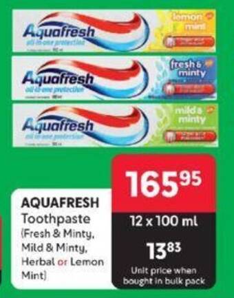 Makro AQUAFRESH Toothpaste (Fresh & Minty. Mild & Minty, Herbal or Lemon Mint) offer
