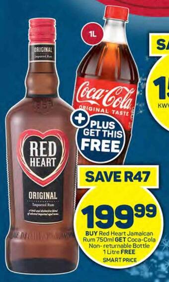 Pick n Pay BUY Red Heart Jamaican Rum 750ml GET Coca-Cola Non-returnable Bottle 1 Litre FREE offer