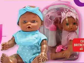 Shoprite CUDDLY BABY BUKEKA/ BRITNEY DOLL IN BACKPACK all variants 24cm each offer