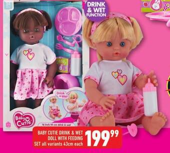 Shoprite BABY CUTIE DRINK & WET DOLL WITH FEEDING SET all variants 43cm each offer