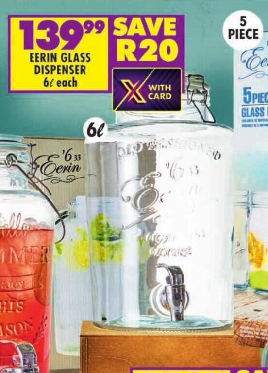 EERIN GLASS DISPENSER 6L each offer at Shoprite