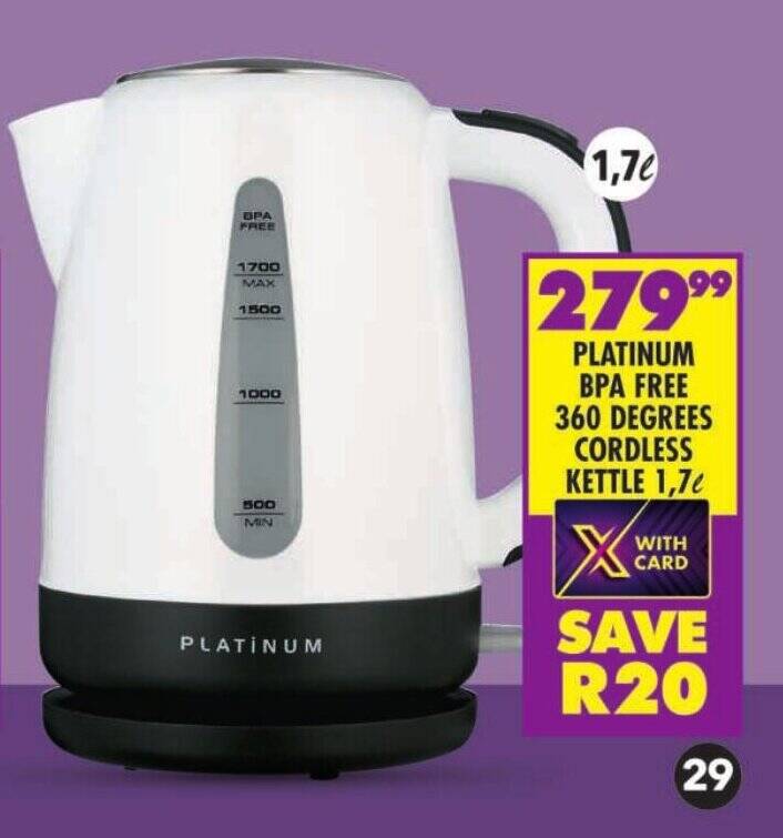 PLATINUM BPA FREE 360 DEGREES CORDLESS KETTLE 1,7L offer at Shoprite