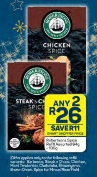 Pick n Pay Robertsons Spice Refill Assorted 64g -100g offer