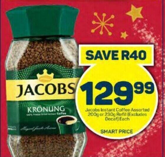 Jacobs Instant Coffee Assorted 200g or 230g Refill offer at Pick n Pay