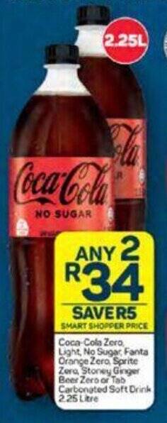 Pick n Pay Coca-Cola Zero, Light, No Sugar, Fanta Orange Zero, Sprite Zero Stoney Ginger Beer Zero or Tab Carbonated Soft Drink 2.25L offer