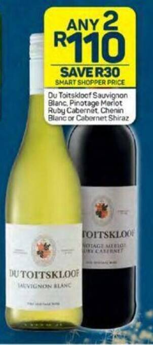 Pick n Pay Du Toitskloof Sauvignon Blanc, Pinotage Merlot Ruby Cabernet Chenin Blanc or Cabernet Shiraz offer