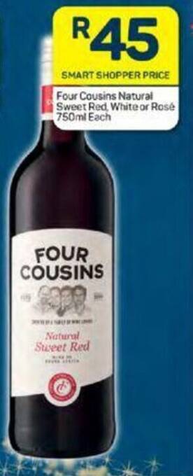 Pick n Pay Four Cousins Natural Sweet Red, White or Rosé 750ml Each offer