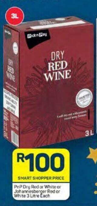 Pick n Pay PnP Dry Red or White or Johannesberger Red or White 3 Litre Each offer