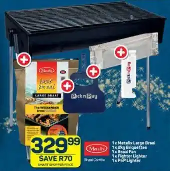 Pick n Pay 1x Metalix Large Braai Metalix, 1x 2kg Briquettes, 1x Braai Fan, 1x Fighter Lighter, 1x PnP Lighter offer
