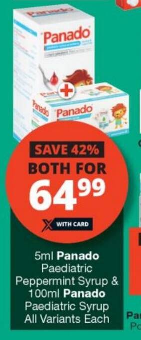 Checkers 5ml Panado Paediatric Peppermint Syrup & 100ml Panado Paediatric Syrup All Variants Each offer