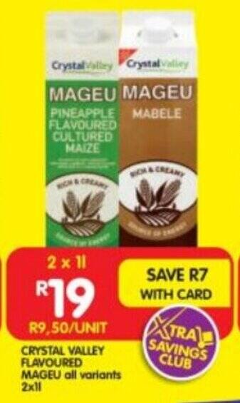 Shoprite CRYSTAL VALLEY FLAVOURED MAGEU all variants 2x1L offer