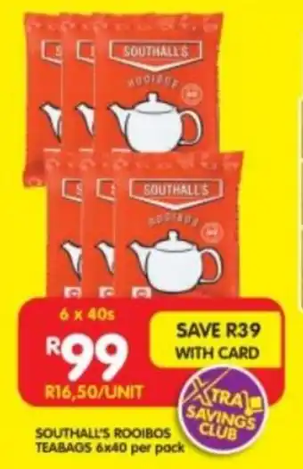 Shoprite SOUTHALL'S ROOIBOS TEABAGS 6x40 per pack offer