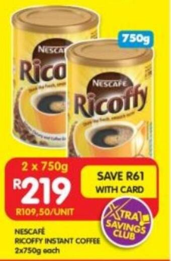 Shoprite NESCAFE RICOFFY INSTANT COFFEE 2x750g each offer