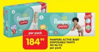 Shoprite PAMPERS ACTIVE BABY DISPOSABLE PANTS 40/46/52 per pack offer
