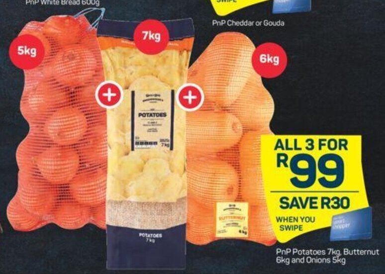 PnP Potatoes 7kg, Butternut 6kg and Onion 5kg offer at Pick n Pay