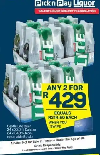 Pick n Pay Castle Lite Beer 24x330ml Cans or 24x340ml Non-Returnable Bottle offer