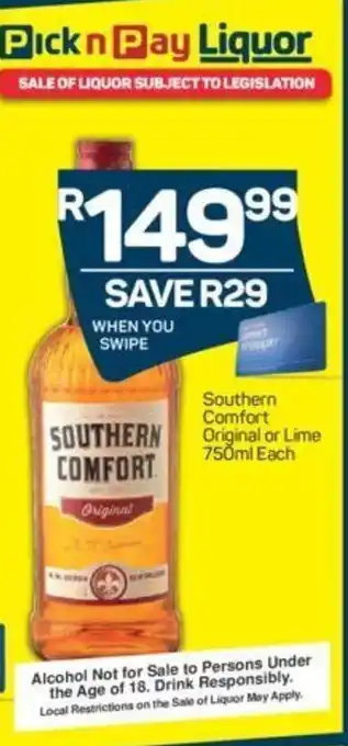 Pick n Pay Southern Comfort Original Lime Liqueur 750ml offer