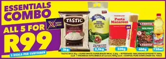 Shoprite TASTIC RICE + SUPER WHITE SUPER MAIZE MEAL + RITEBRAND MACARONI/SPAGHETTI + KNORROX SOYA MINCE+ SUNFOIL PURE SUNFLOWER OIL offer