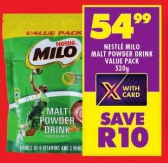 Shoprite NESTLE MILO MALT POWDER DRINK VALUE PACK 520g offer