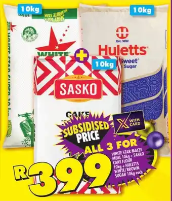 Shoprite WHITE STAR MAIZE MEAL 10kg + SASKO CAKE FLOUR 10kg + HULETTS WHITE/BROWN SUGAR 10kg each offer