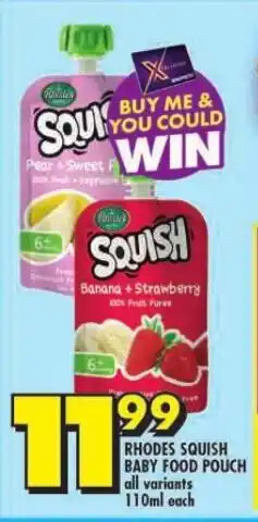 Shoprite RHODES SQUISH BABY FOOD POUCH all variants 110ml each offer