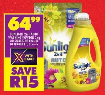 Shoprite SUNLIGHT 2in1 AUTO WASHING POWDER 2kg OR SUNLIGHT LIQUID DETERGENT 1,5L each offer