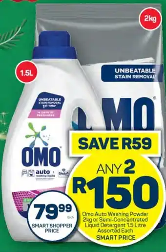Pick n Pay Omo Auto Washing Powder 2kg or Semi-Concentrated Liquid Detergent 1.5 Litre Assorted Each offer