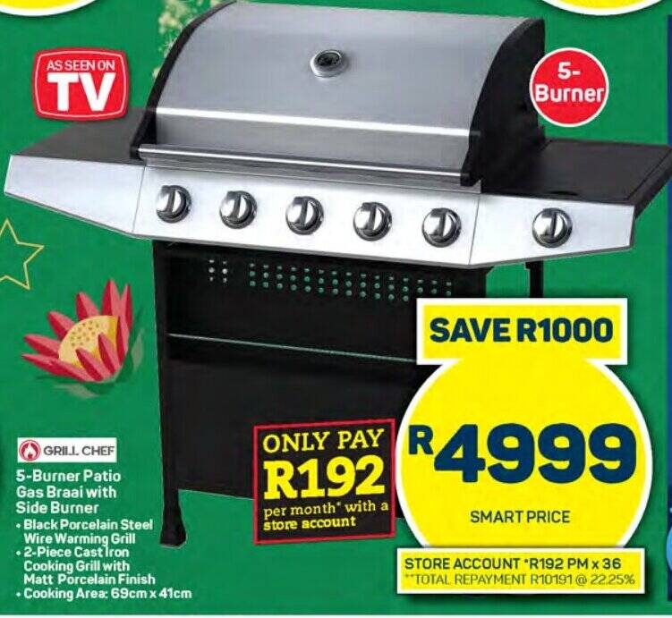 GRILL CHEF 5Burner Patio Gas Braai with Side Burner offer at Pick n Pay