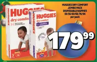 Usave HUGGIES DRY COMFORT JUMBO PACK DISPOSABLE NAPPIES 50/56/60/66/76/94 per pack offer