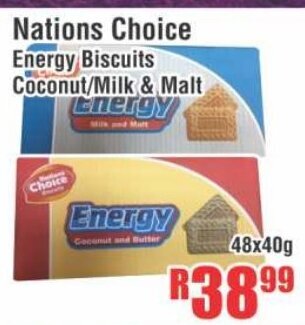 Devland Cash And Carry Nations Choice Energy Biscuits Coconut/Milk & Malt 48x40g offer