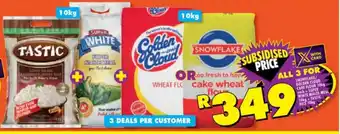 Shoprite SNOWFLAKE/ GOLDEN CLOUD CAKE FLOUR 10kg each + SUPER WHITE MAIZE MEAL 10kg+ TASTIC RICE 10kg offer