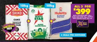 Shoprite WHITE STAR MAIZE MEAL 10kg+ SASKO CAKE FLOUR 10kg + HULETTS WHITE/BROWN SUGAR 10kg each offer