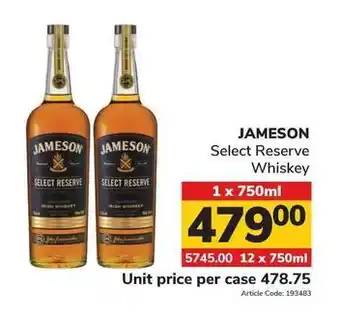 Jumbo JAMESON Select Reserve Whiskey 1 x 750ml offer