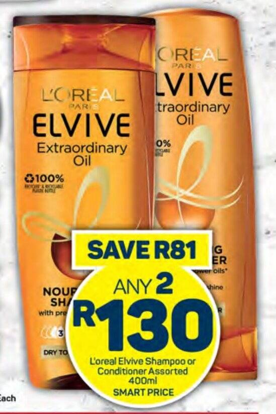 L'oreal Elvive Shampoo or Conditioner Assorted 400ml offer at Pick n Pay