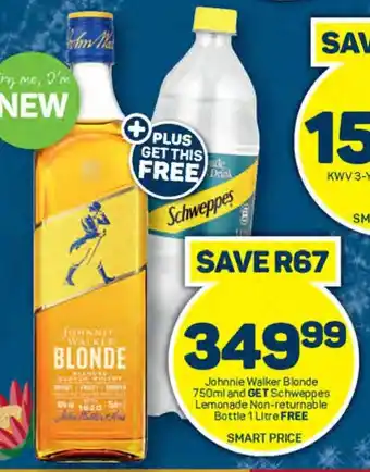 Pick n Pay Johnnie Walker Blonde 750ml and GET Schweppes Lemonade Non-returnable Bottle 1 Litre FREE offer