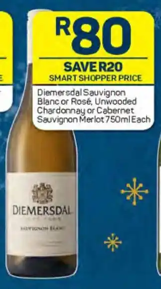 Pick n Pay Diemersdal Sauvignon Blanc or Rosé, Unwooded Chardonnay or Cabernet Sauvignon Merlot 750ml Each offer