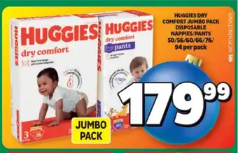 Usave HUGGIES DRY COMFORT JUMBO PACK DISPOSABLE NAPPIES/PANTS 50/56/60/66/76/ 94 per pack offer
