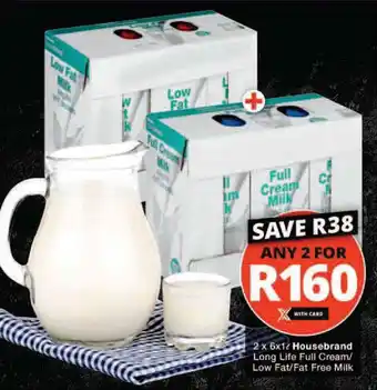Checkers 2 x 6x1L Housebrand Long Life Full Cream/ Low Fat/Fat Free Milk offer